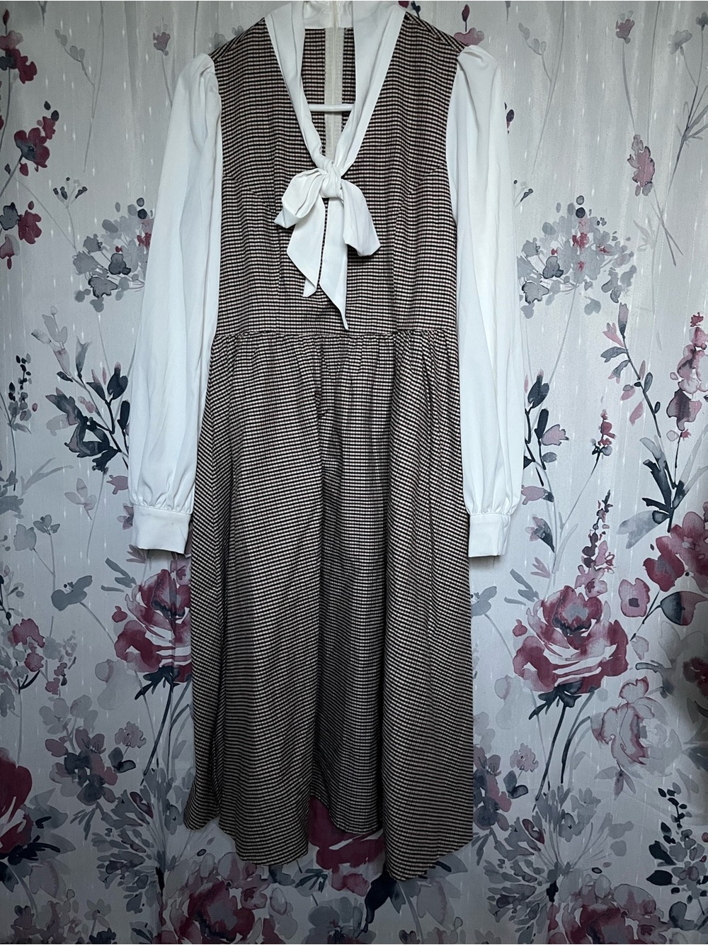 SHEIN Brown Glen Plaid Midi Dress with White Tie Blouse
